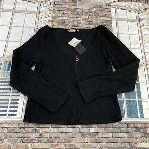 NWT Women’s Regna Black Cotton Poly Front Zip Ribbed Long Sleeve Shirt (2X) FV20